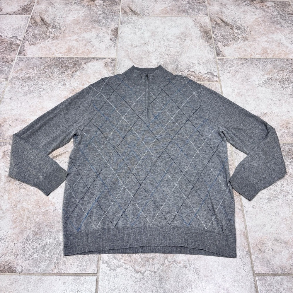 Men's Gray Argyle Quarter Zip Long Sleeve Sweater XL